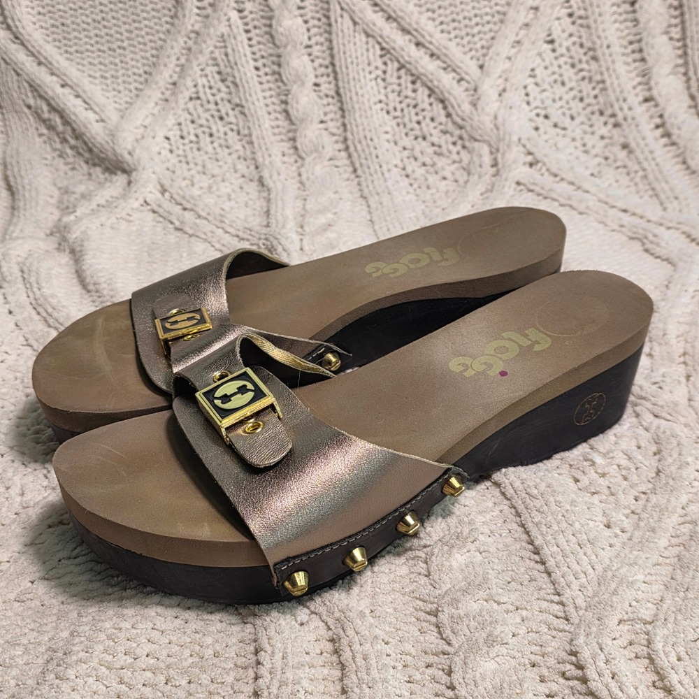 Flogg Platform Wedge Slide Sandals Bronze Leather Studded Womens 7 Good